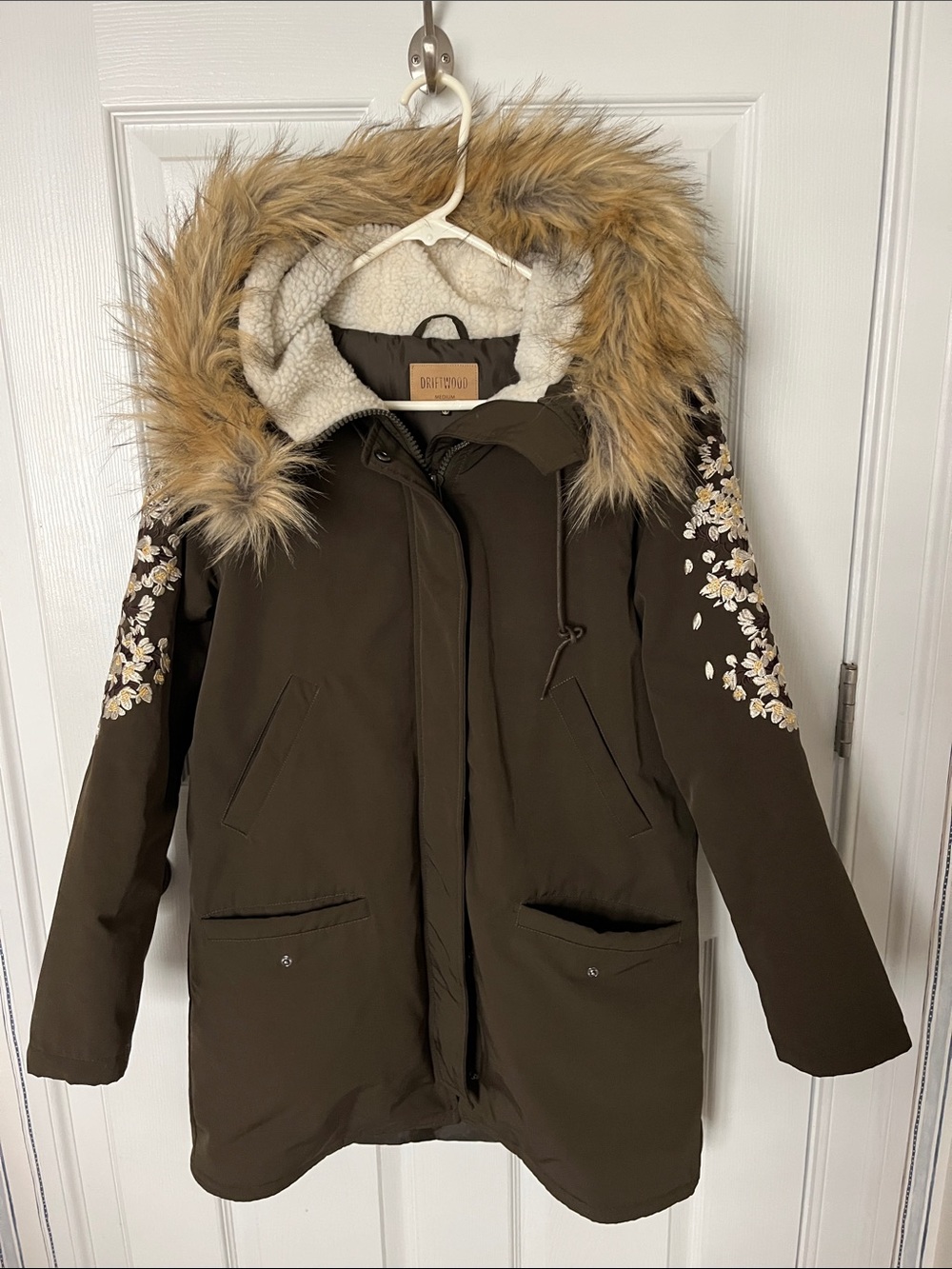 Driftwood Embroidered Dark Brown Faux-Fur Hooded Puffer Coat